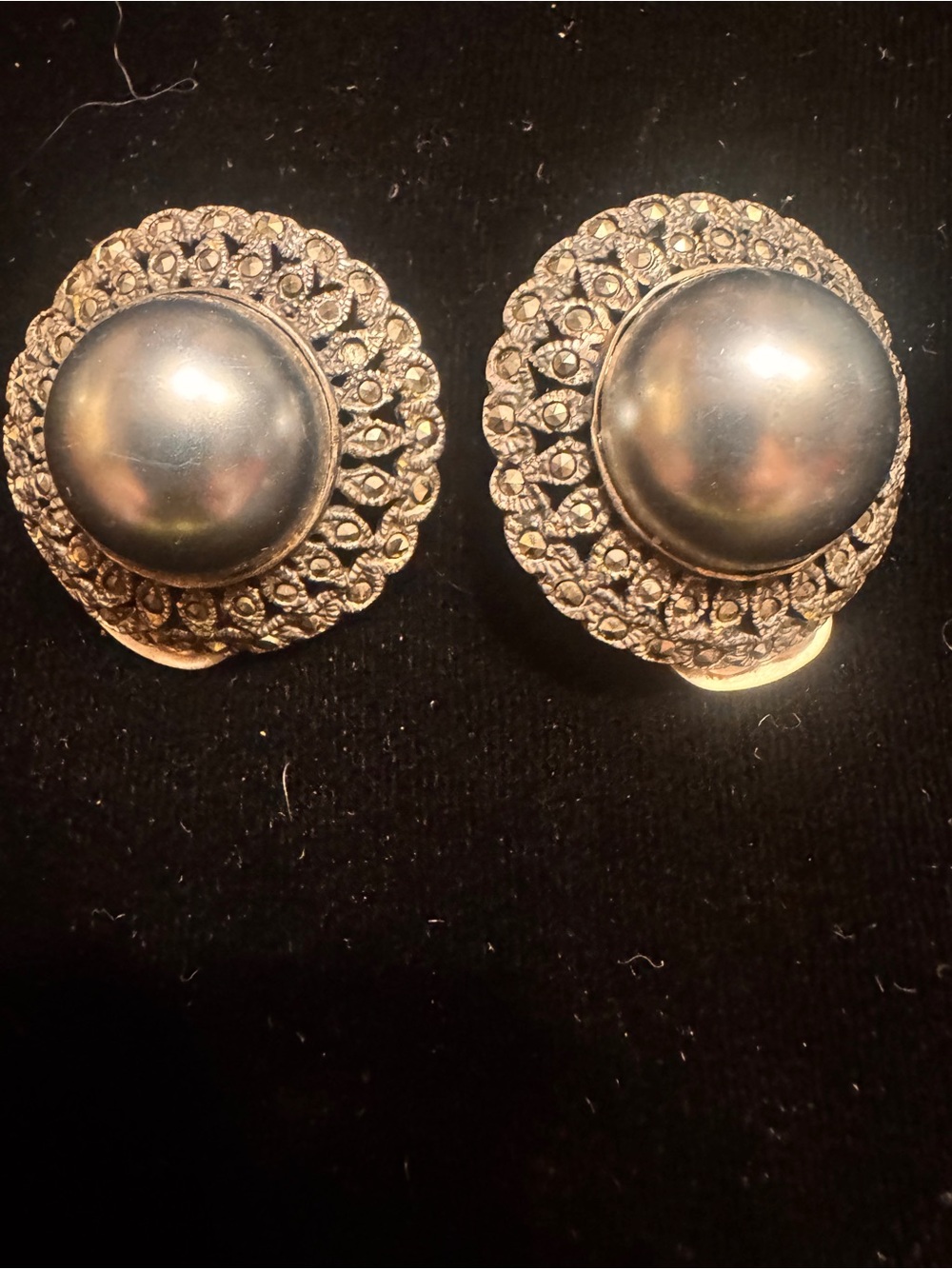 925 silver marcasite Filigree Clip-On Earrings with Black Domes